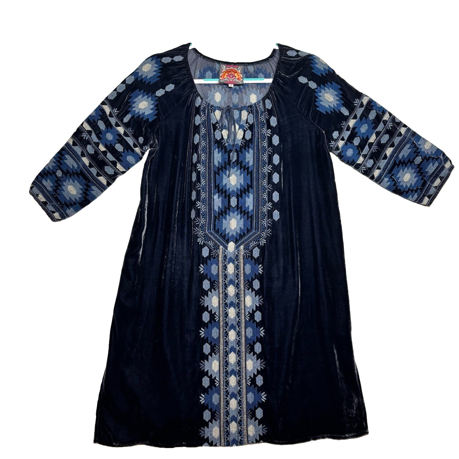 Johnny Was Velvet Geometric Embroidered Boho Peasant Dress S Blue