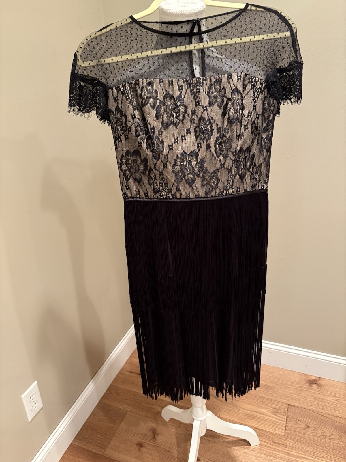 Gianni Bernini Lace Fringe Embellished Dress Black Size 4 Nylon Dance Party
