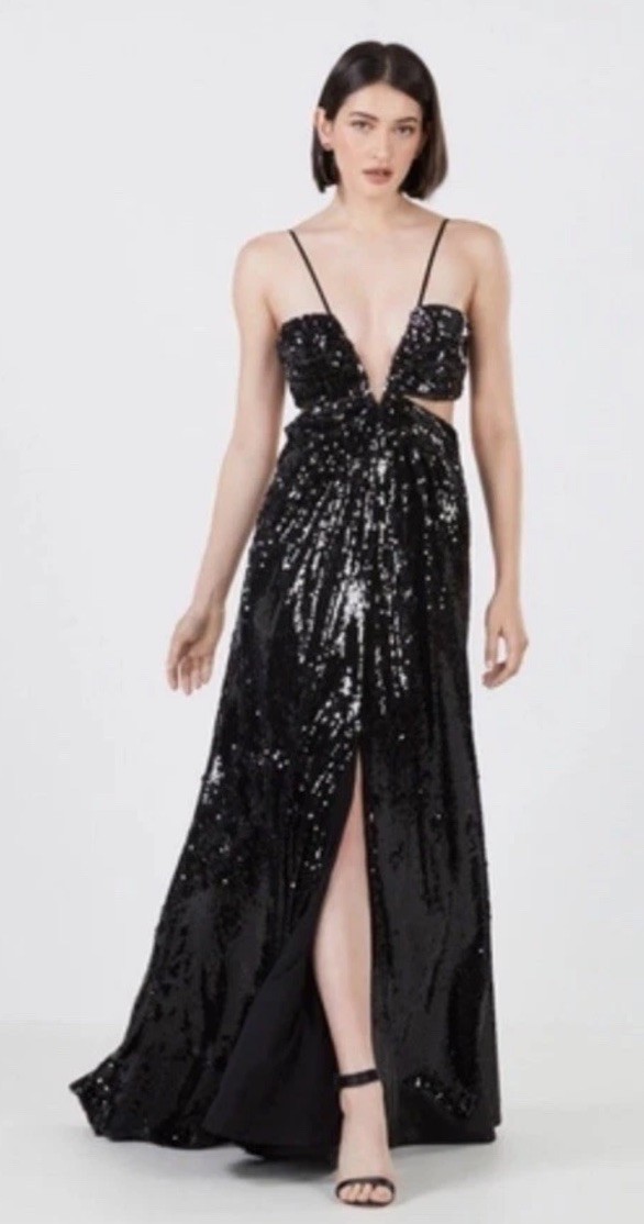 BCBGMaxAzria NWT Giacomo Black sequin cut out open back formal maxi gown slit 0