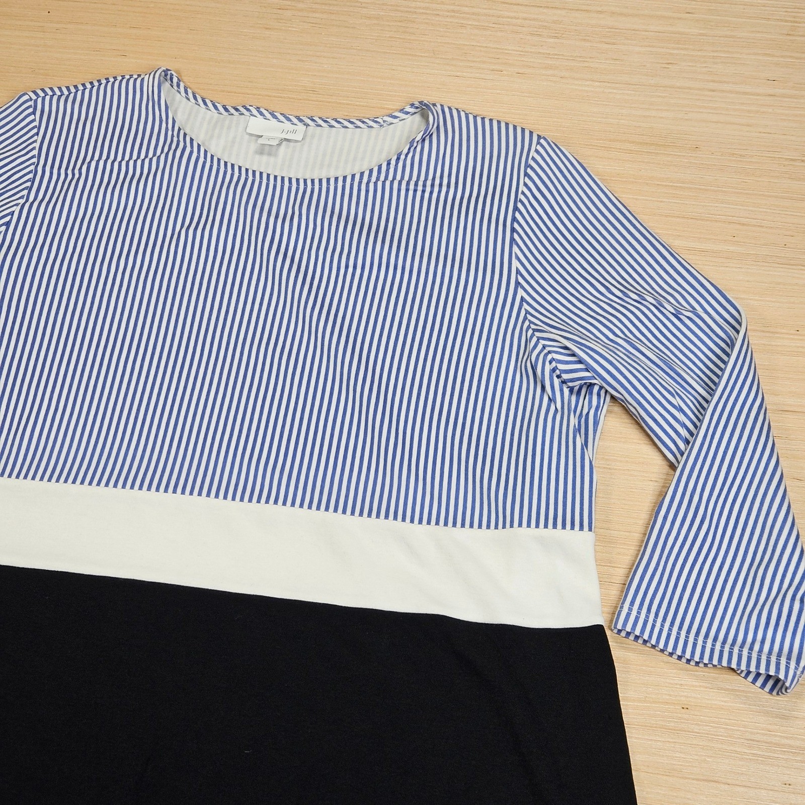 J Jill Colorblock Stripe Knit Dress Women L Blue White Black 3/4 Sleeve Casual