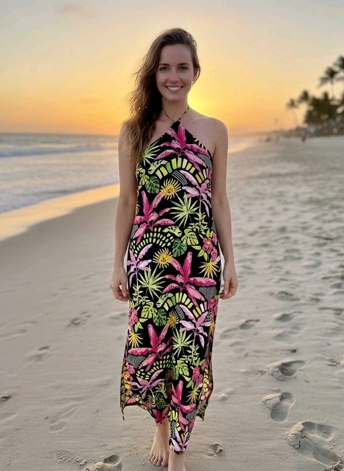En Crème Tropical Halter Maxi Dress – Size Large – Neon Floral Boho Resort Wear