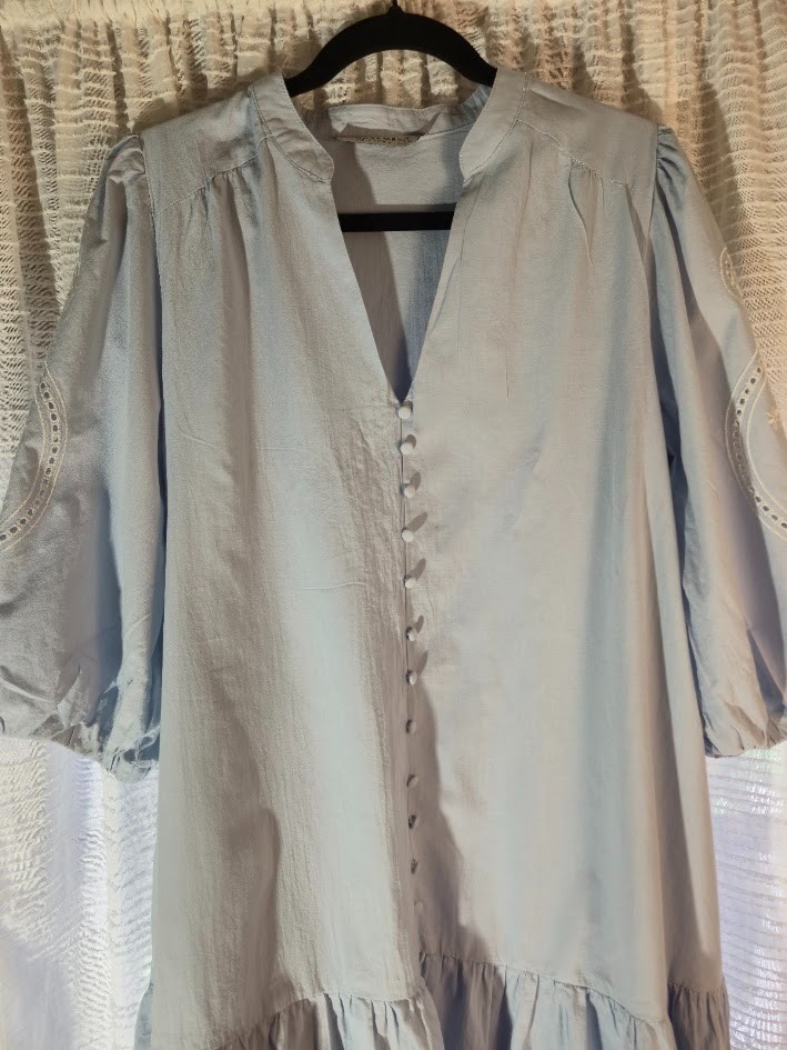 Basement Cottagecore Boho Peasant Dress Blue Button Front Ruffle Hem Mini Sz MED
