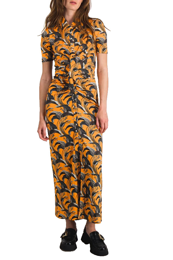 PACO RABANNE Orange Flower Printed Short Sleeve Collared Maxi Dress Size 38 NSC