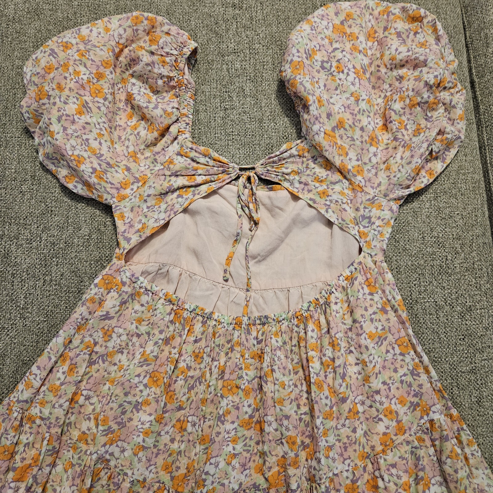 MINKPINK Versailles Puff Sleeves Square Neck Floral Pink Mini Dress Size Small