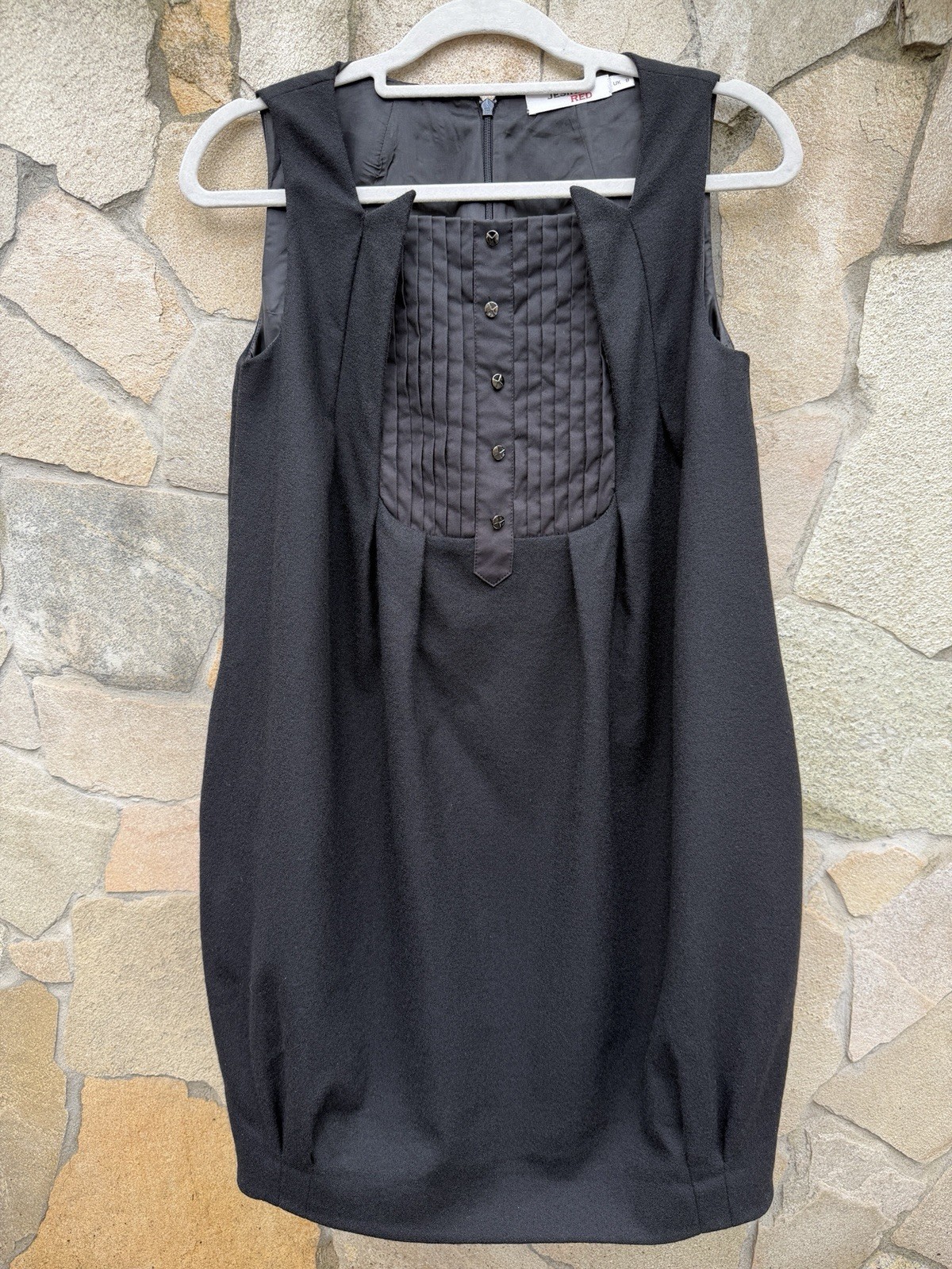 Jesire Red 100% Wool Bubble Cocoon Dress UK 8 Pleated Bib Pockets Lined