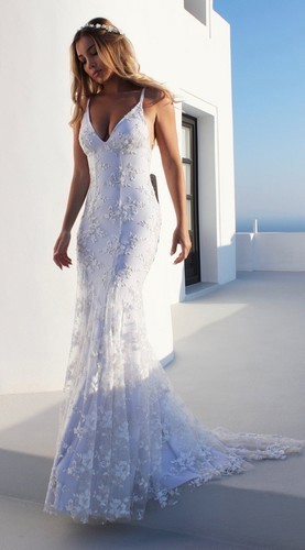 Women’s Mermaid Lace Wedding Dress Spaghetti Straps V-Neck Bridal Gown Formal UK