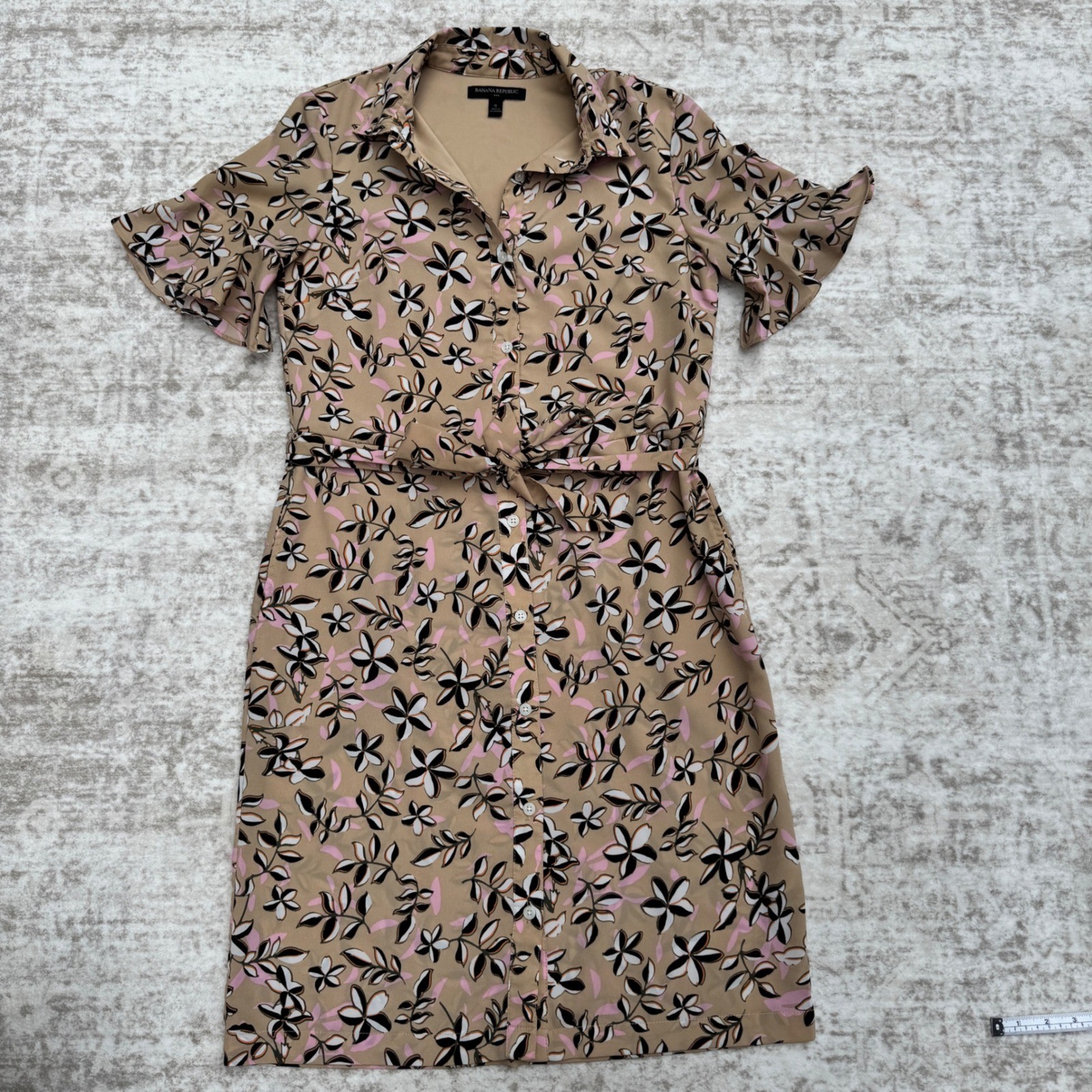Banana Republic Womens Floral Shirt Dress Tan Pink Black Belted Midi Size 0