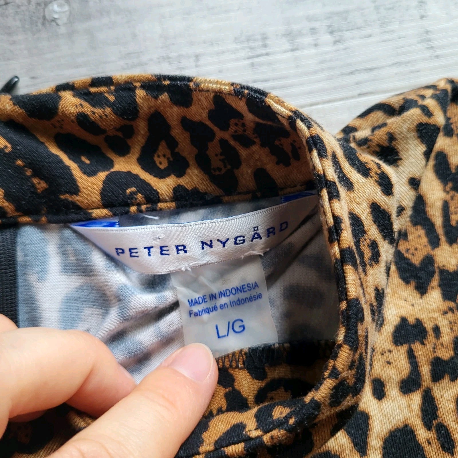 Peter Nygard Leopard Print Shift Dress Large Bell Sleeve Mock Neck Animal Print