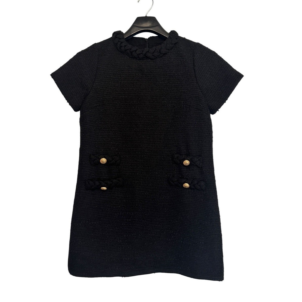 Tuckernuck Black Tweed Jackie Mini Shift Dress Gold Crest Buttons Size Large