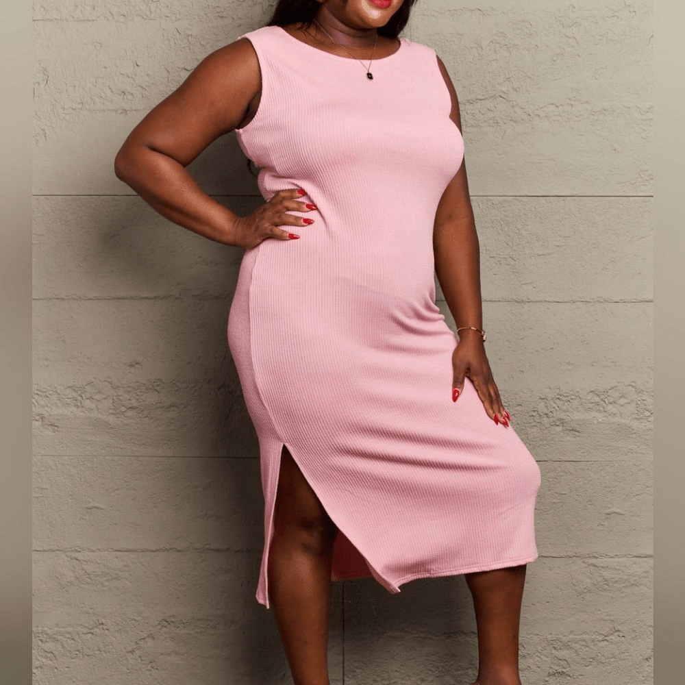 Fitted Sleeveless Side Slit Backless Cut Out Knotted Midi Dress in Pink 1X