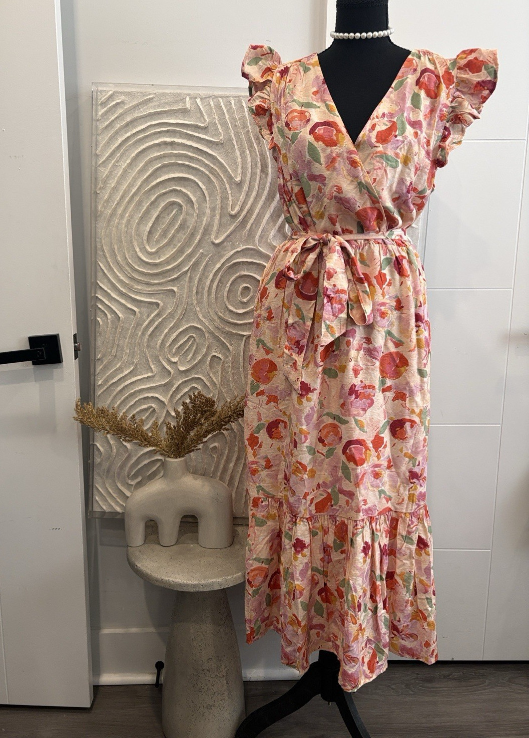 Sam Edelman Peach Floral V-Neck Wrap Maxi Dress Flutter Sleeve Rayon Size 12