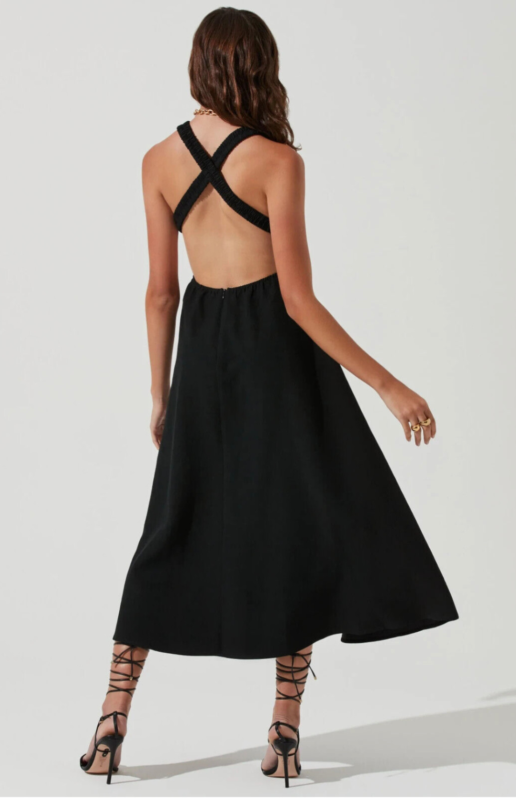 ASTR Valenz Linen Blend A Line Square Neck Criss Cross Back Midi Dress Black M