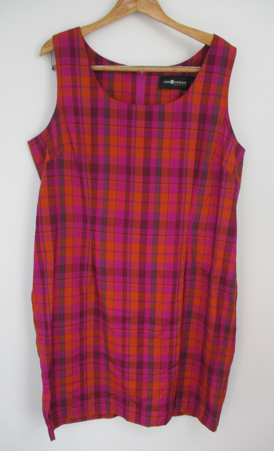 Sag Harbor Womens 18 Sleeveless Red Orange Purple Plaid Sleeveless Shift Dress