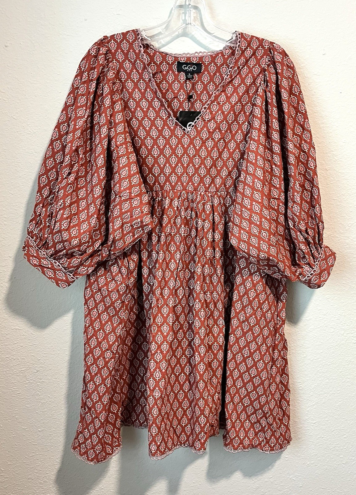 NWT GIGIO USA Women’s Babydoll Dress Size Small Terracotta-Printed Mini Boho