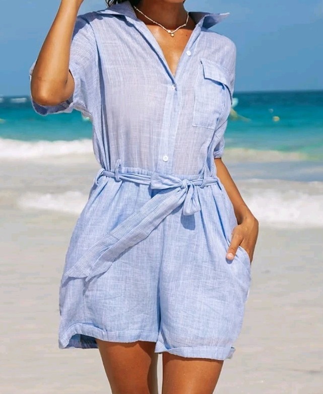 Cupshe Womens Blue Pinstripe Button-Up Collared Romper, Extra Large