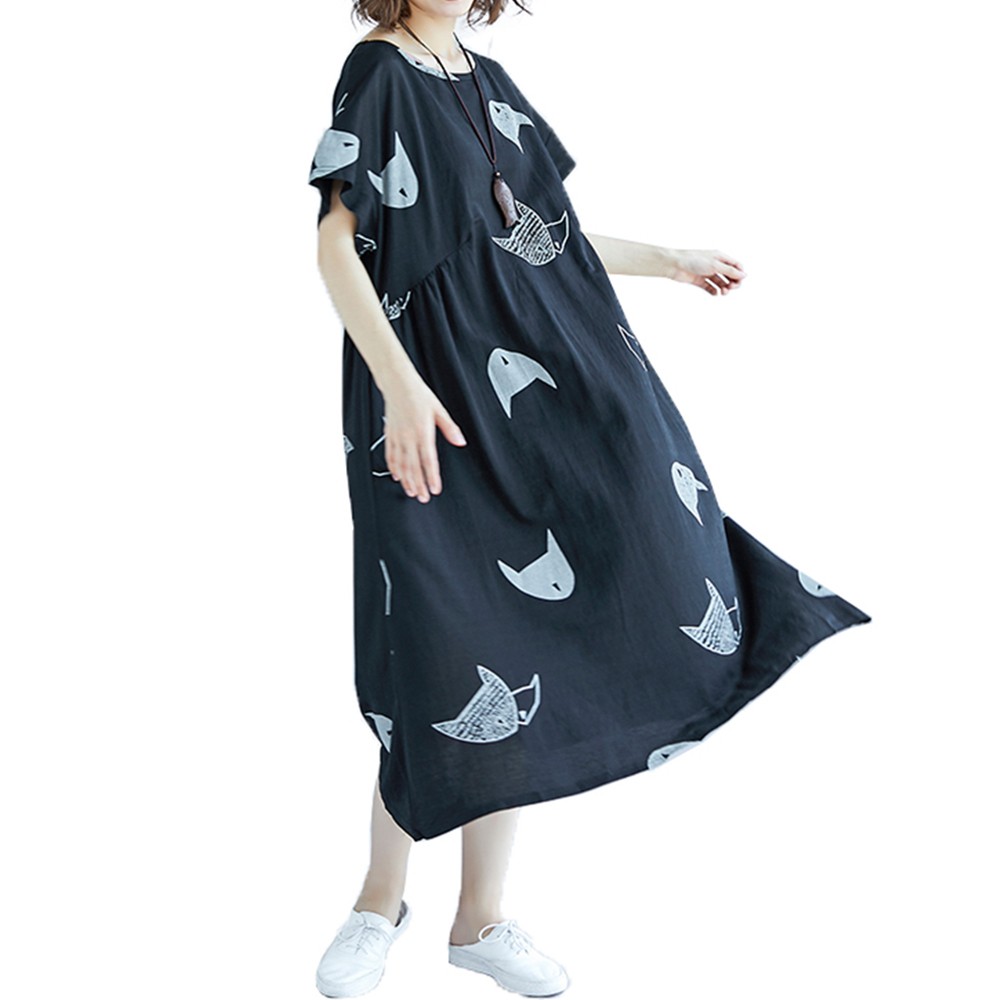Plus Size Women Dress With Cute Character Cat Print For Fun