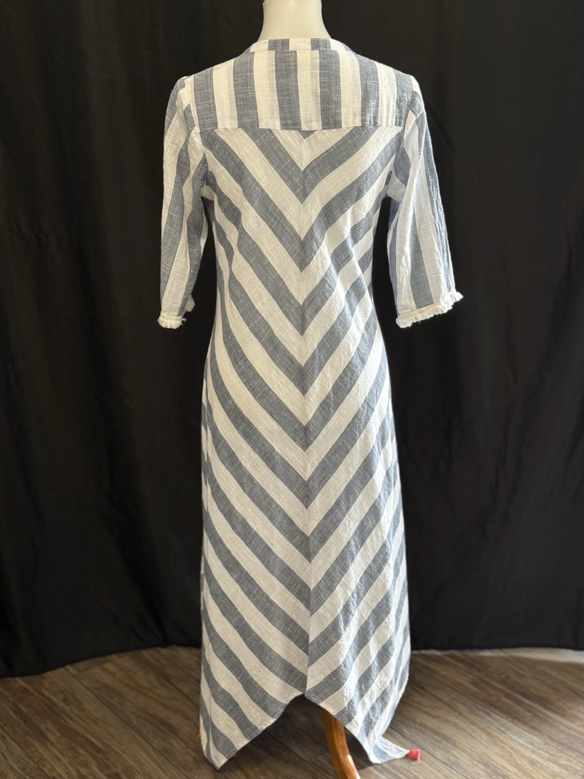 Roller Rabbit Berenice Caftan Midi Dress Striped Tassel Hem Bohemian Blue XS