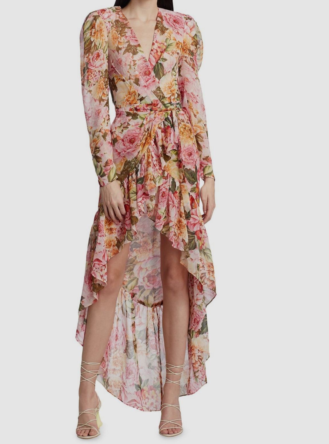 $761 Bronx & Banco Women Pink Silk Floral Self-Tie Hi-Lo Wrap Dress Size Small