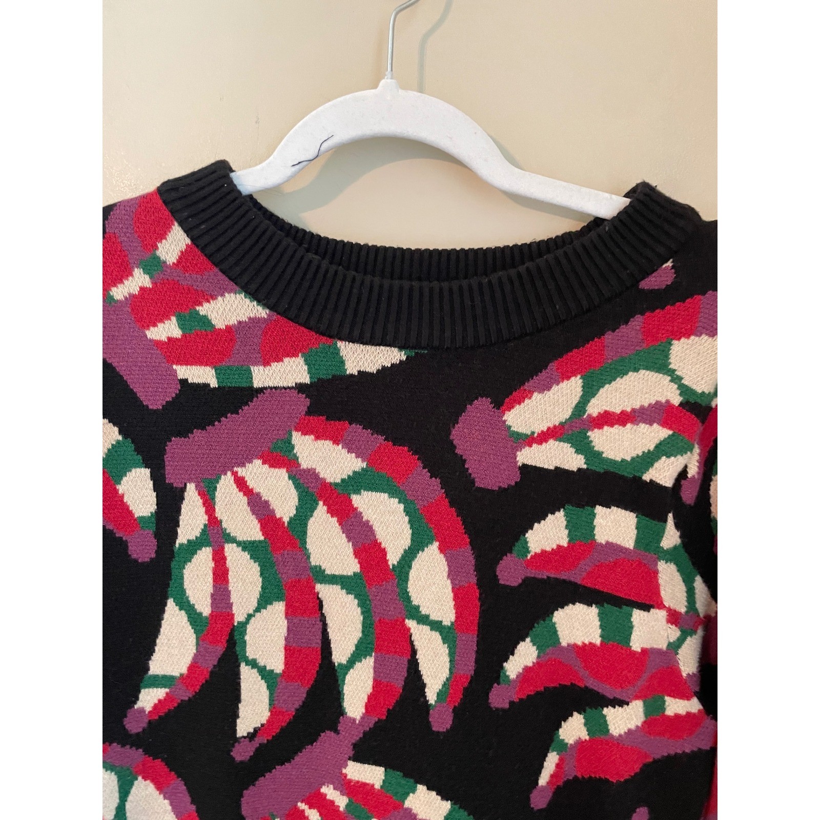Farm Rio Banana Knit Midi Sweater Dress Black Multi Bishop Sleeve Size L
