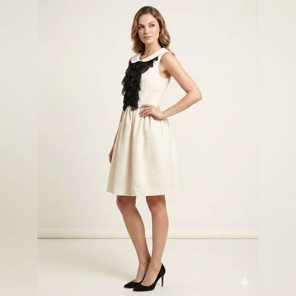 Kensie Dress Size 12 Cream Textured Black Ruffle Bib Collar A-Line Sleeveless