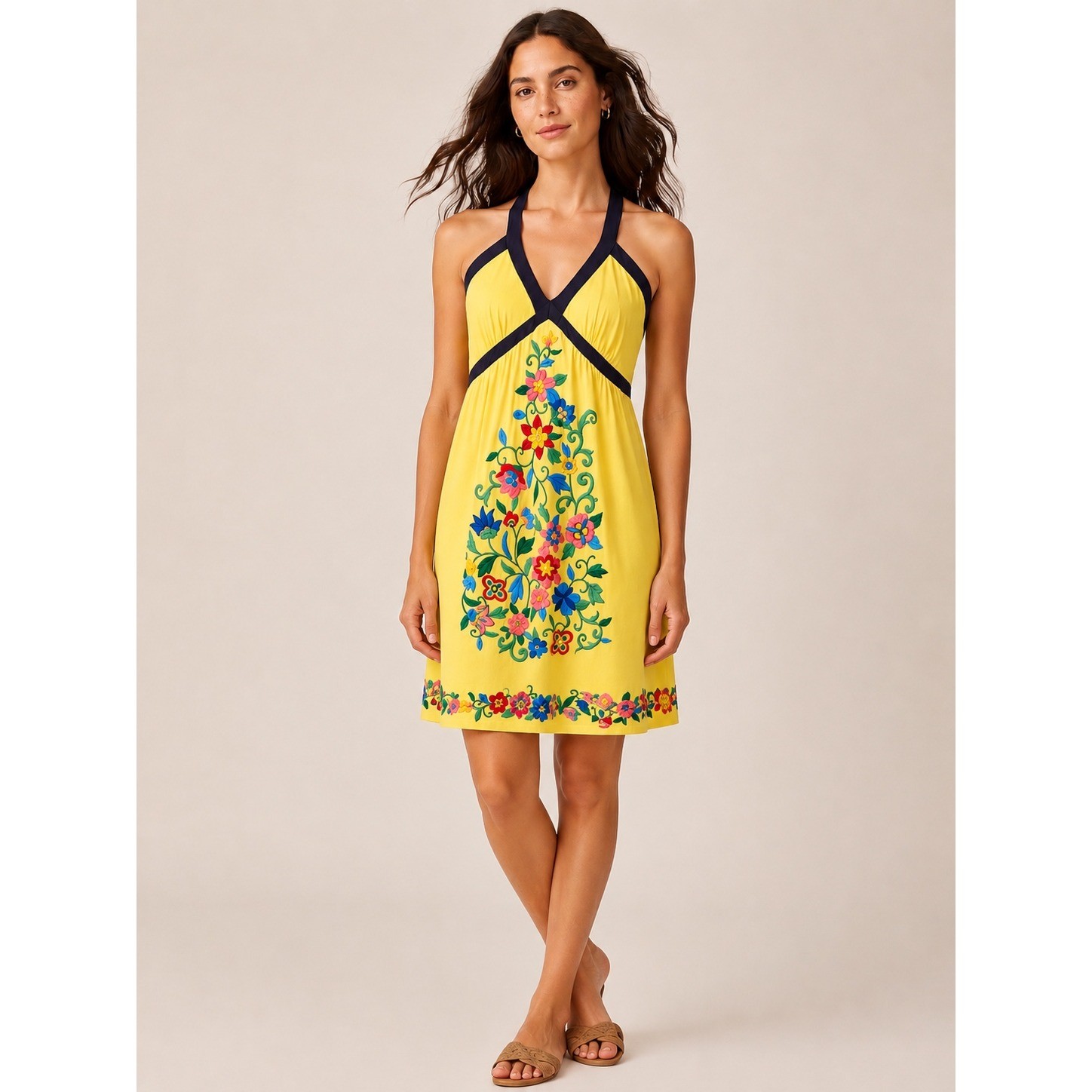 INC Womens Floral Embroidered Halter Dress Medium Boho Summer Yellow Sun Dress