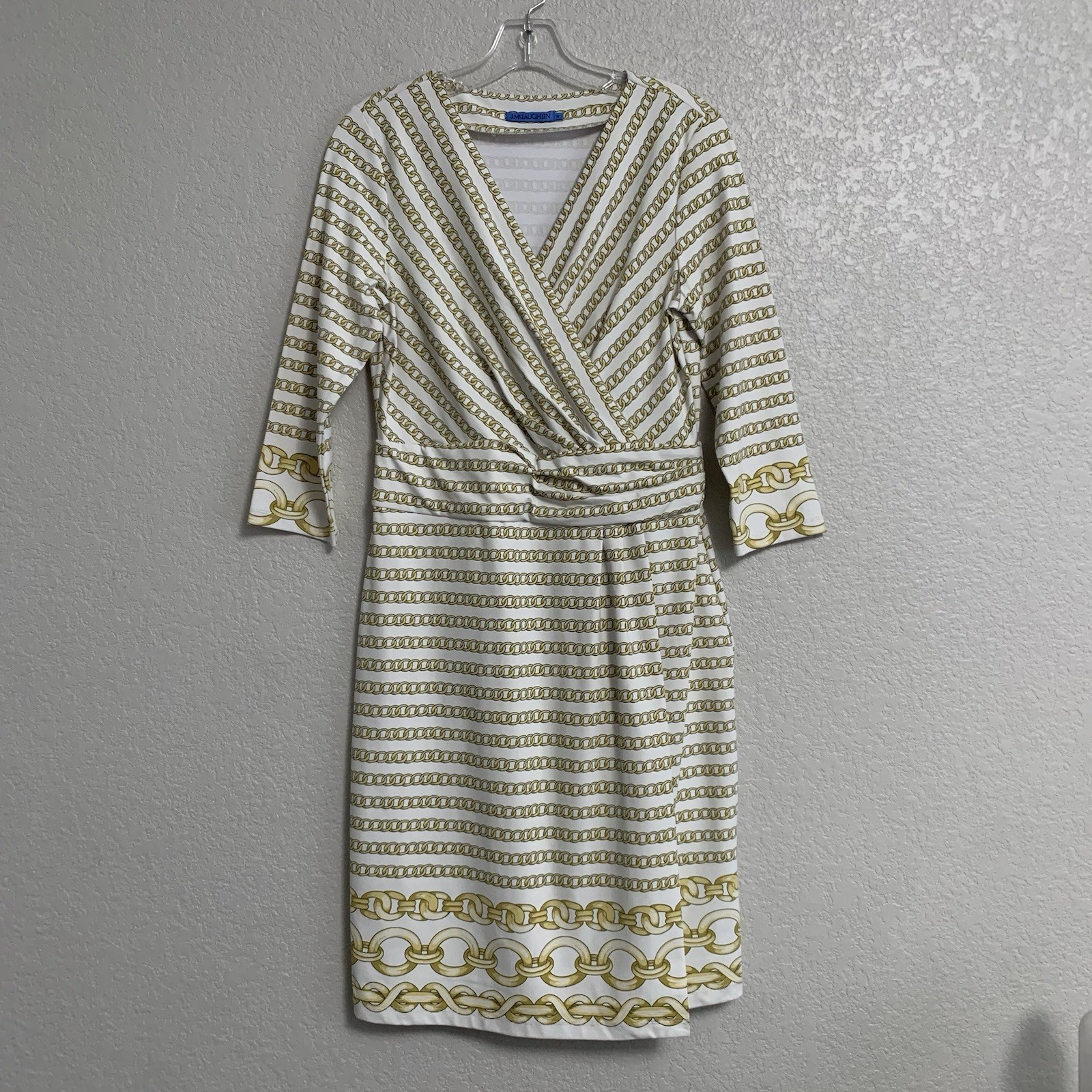 J McLaughlin Dress Womens M Brea Catalina Cloth Faux Wrap Gold Optic Link Preppy