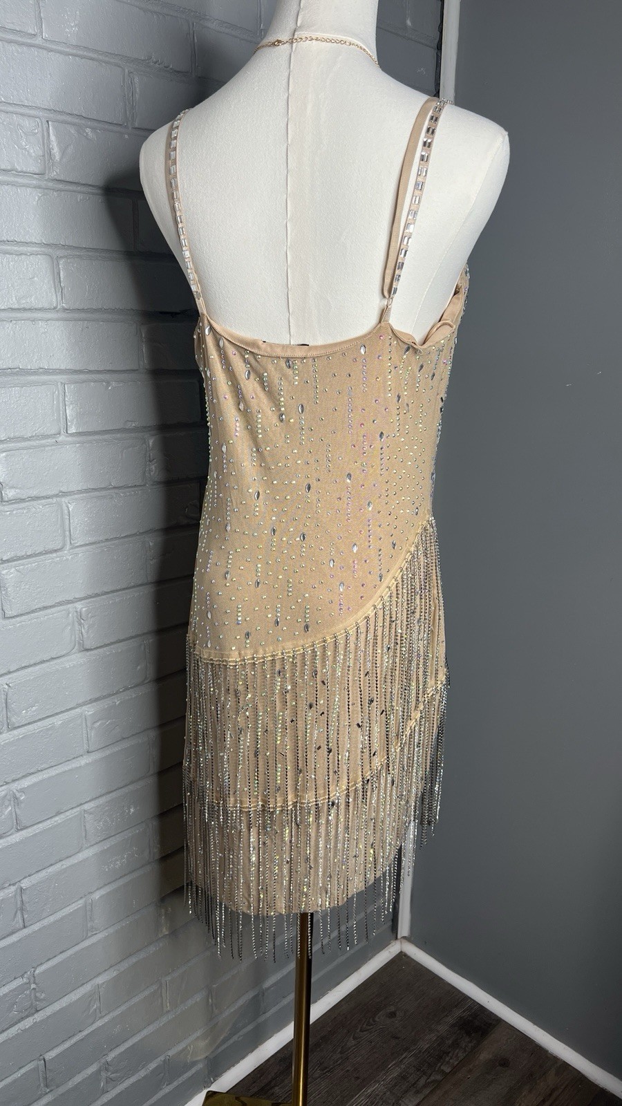 Banjul Nude Rhinestone Sparkly Fringe Layer Midi Sleeveless Dress Size Large