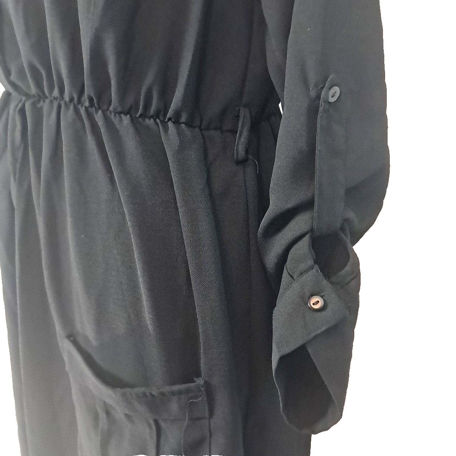 Faux Wrap Split Skirt Roll Tab Sleeve Maxi Dress Size L Black Goth Vamp Festival