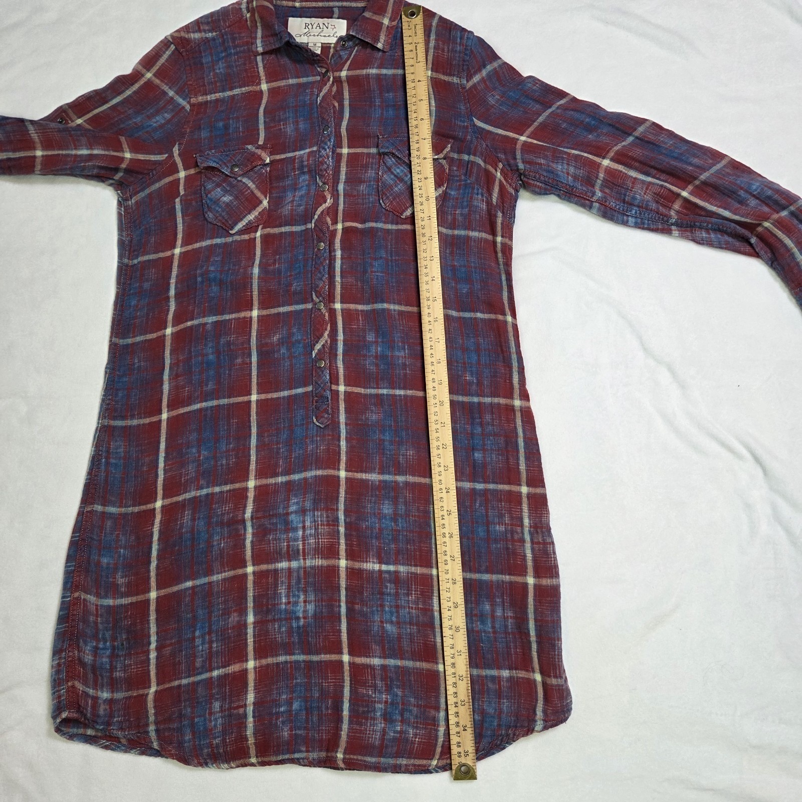 Ryan Michael Indigo Plaid Cotton Gauze Western Snap Front Shirt Dress Medium