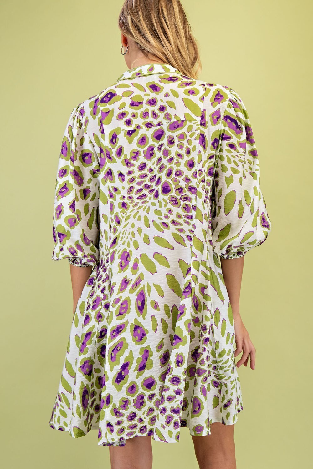 Gigio by Umgee V-Neck Leopard Print 3/4 Sleeve Shirt Dress w/ Flared Skirt