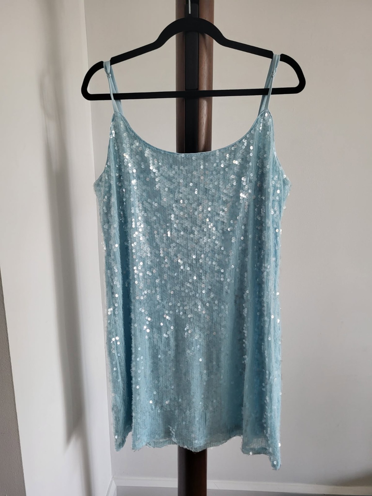Sequin light blue Bar III mini dress, adjustable straps, size XL