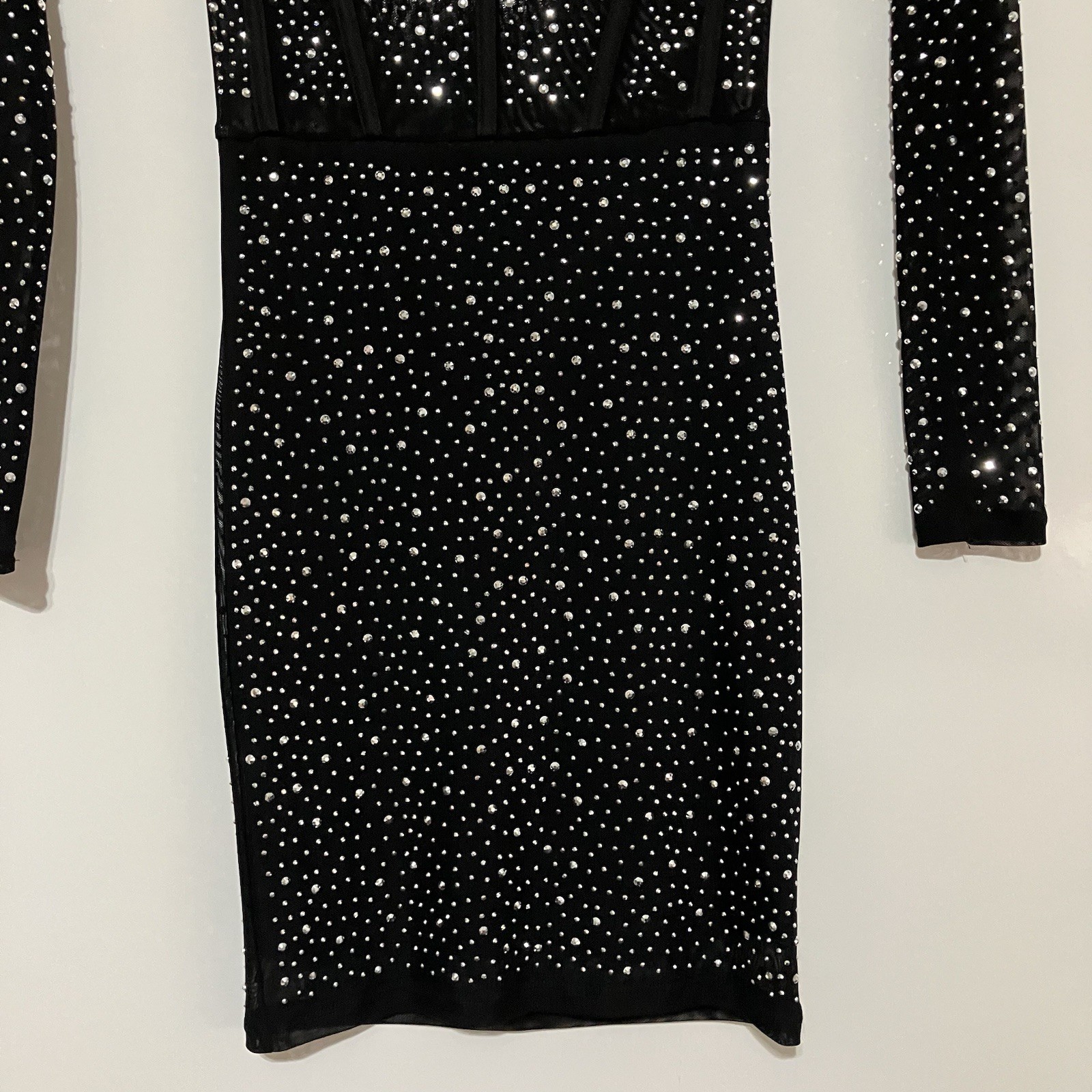 Top Chic Rhinestone Studded Corset Bodycon Dress Womens S Black Sliver Mesh Glam