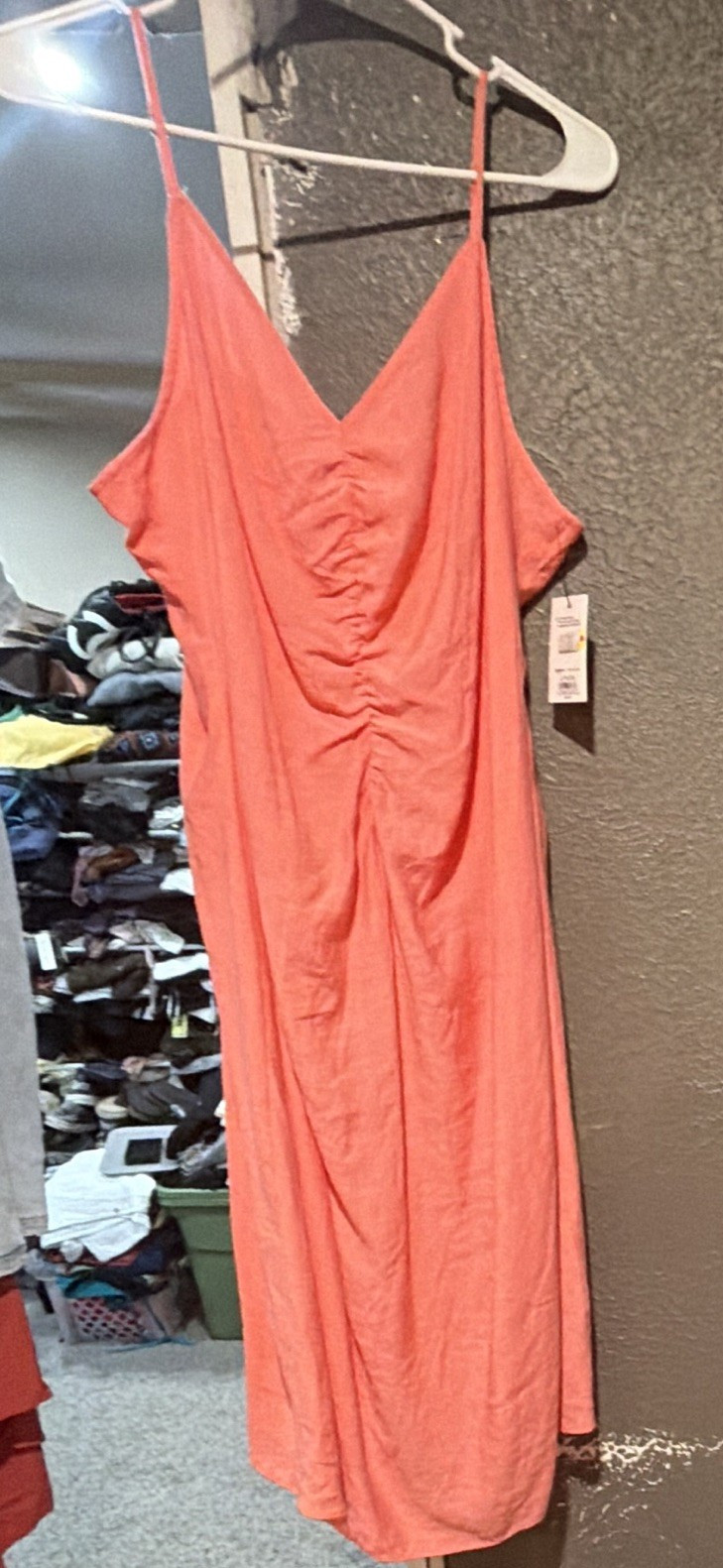 Coral V-Neck Ruched Spaghetti Strap Midi Slip Dress XL Nine West no stretch!