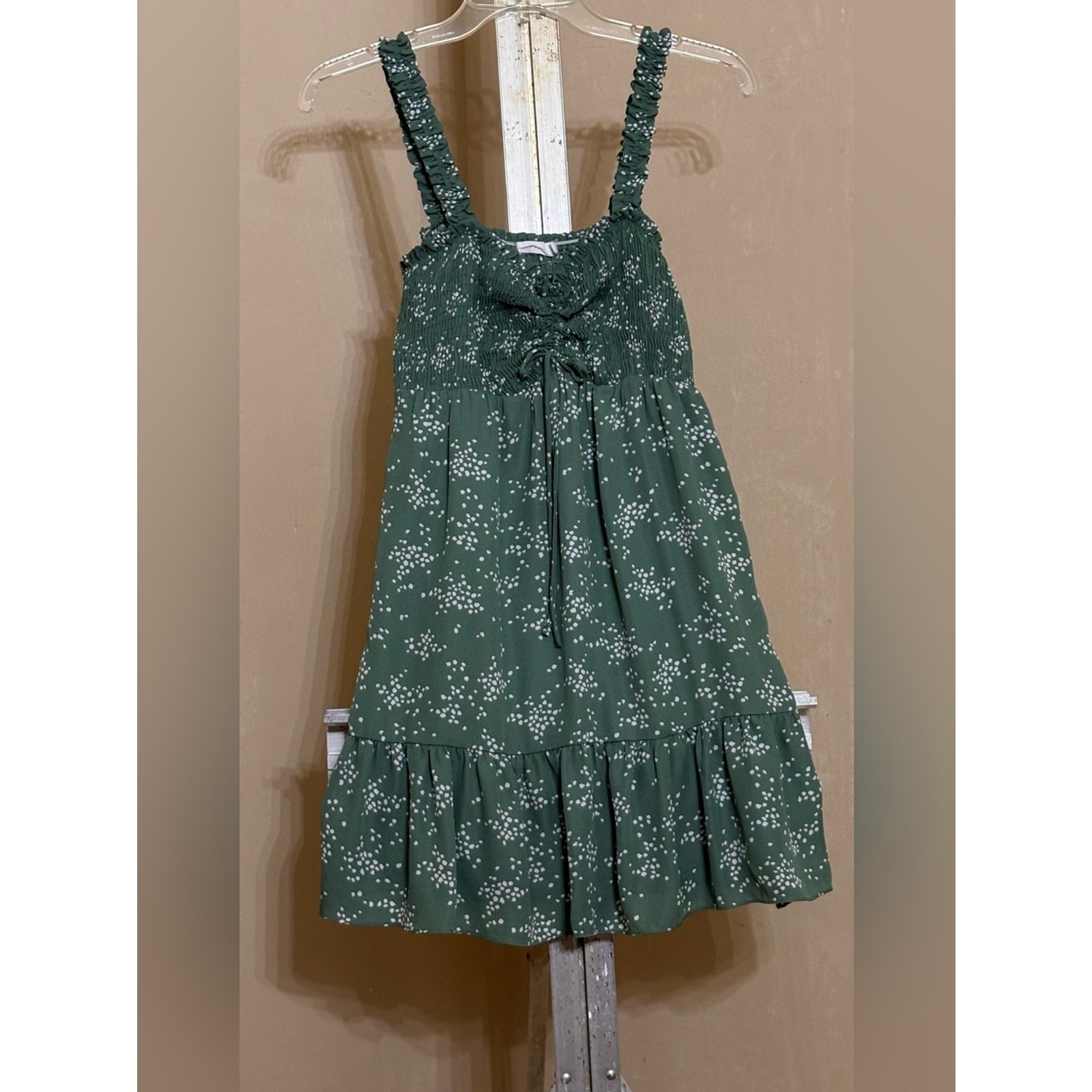 Lush Forest Green Mini Dress with White Dot Print Sz Small
