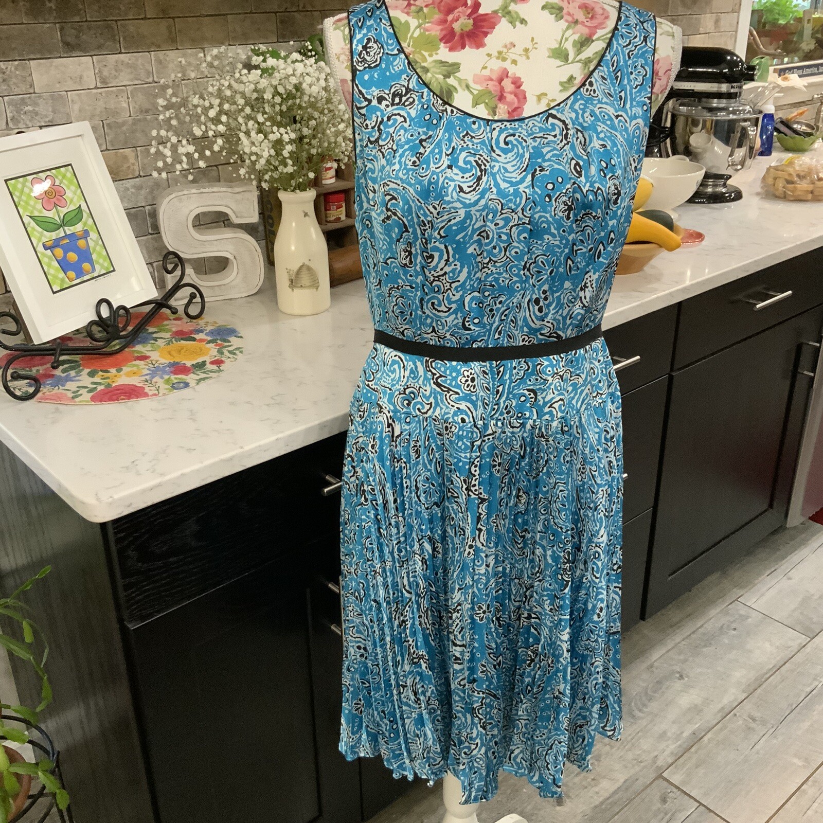 Ann Taylor Petite Sleeveless Pleated A Line Dress Blue White Black Floral 10P
