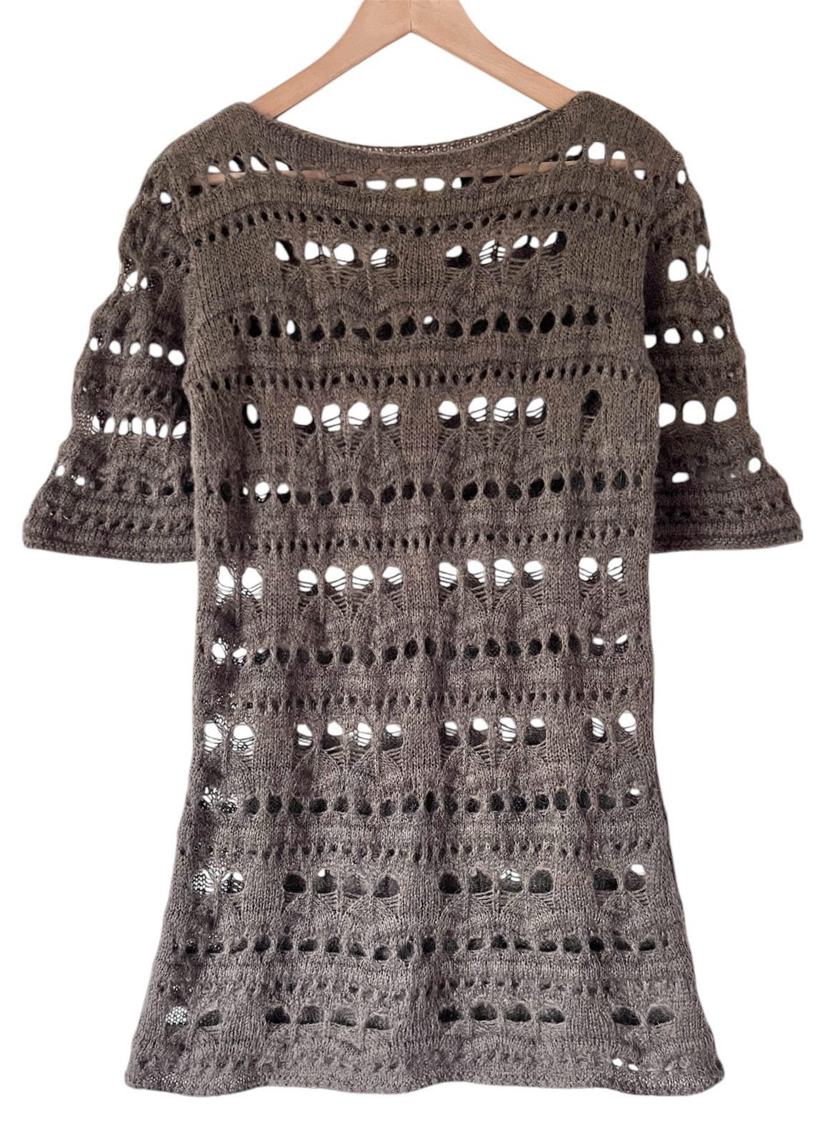 MOHAIR Blend Crochet Dress Long Top Size 10 12 Mocha Brown Layering Boho Knit