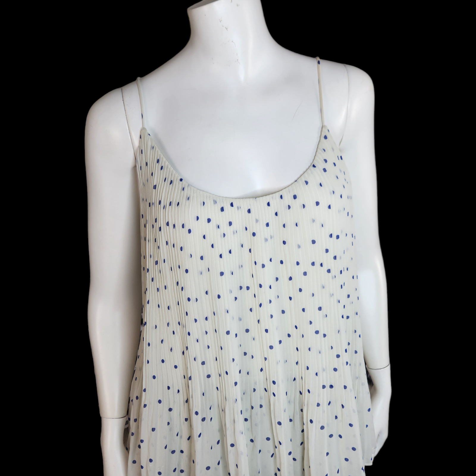 NWT Samsoe Samsoe Womens Large White Pleated Blue Polka Dot Maxi Dress Tatiana