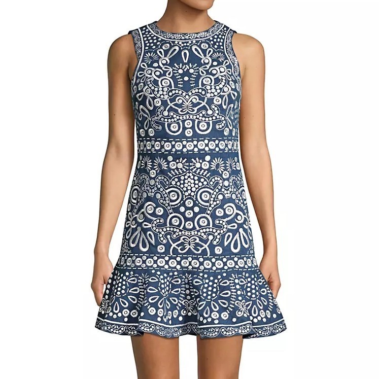 Alice + Olivia Rapunzel Mini Dress Embroidered Blue Denim Floral Chambray 8 10