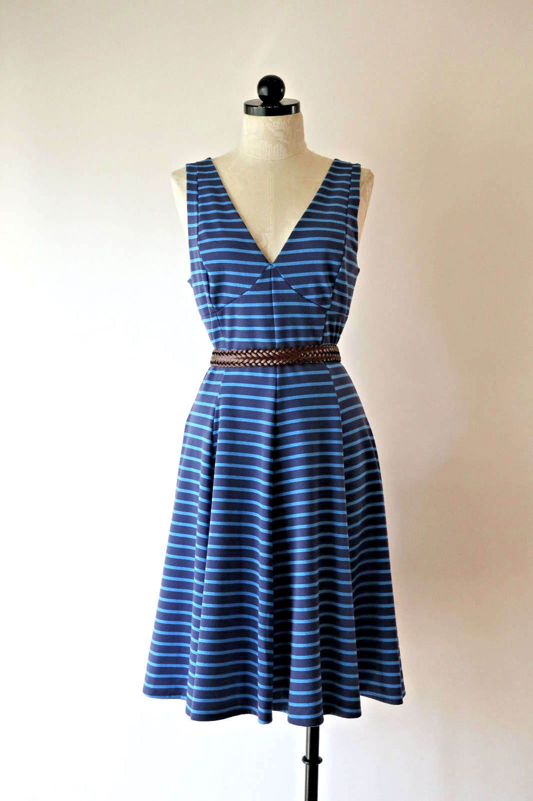 Peter Som Design Nation Blue Striped Stretchy Jersey Full Skirted Dress Women 10