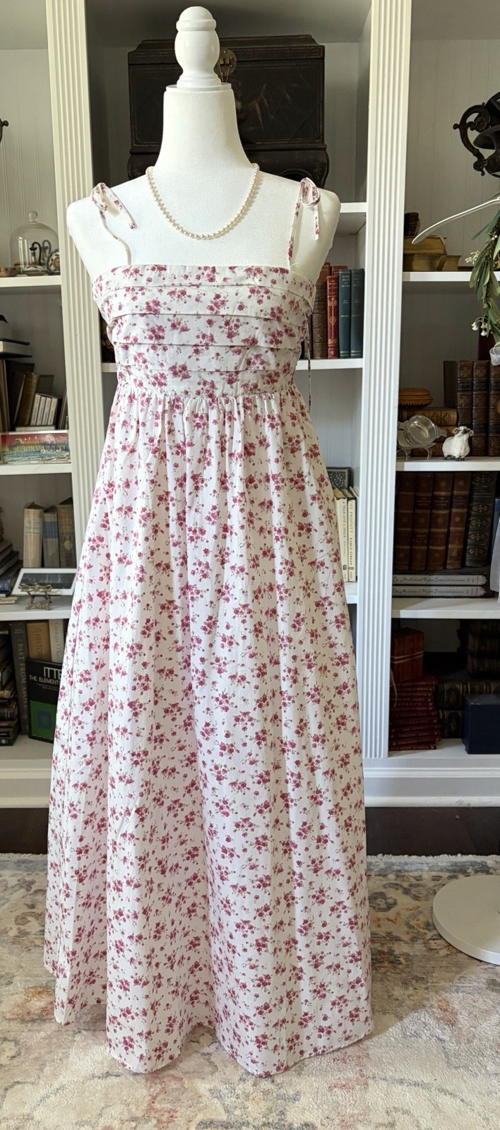 francesca’s Ivory/Pink Floral Maxi Dress Smocked Square Neck Tie Straps S