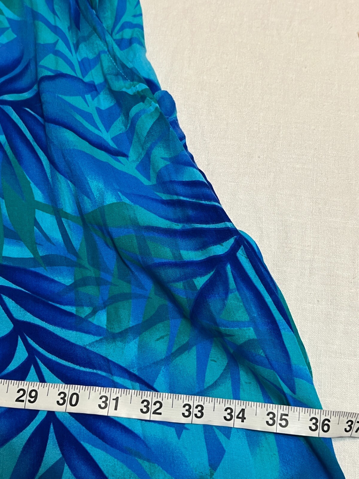 Tangerine Temple Blue Tropical Leaf Rayon Cocoon Dress L Pocket Coconut Button
