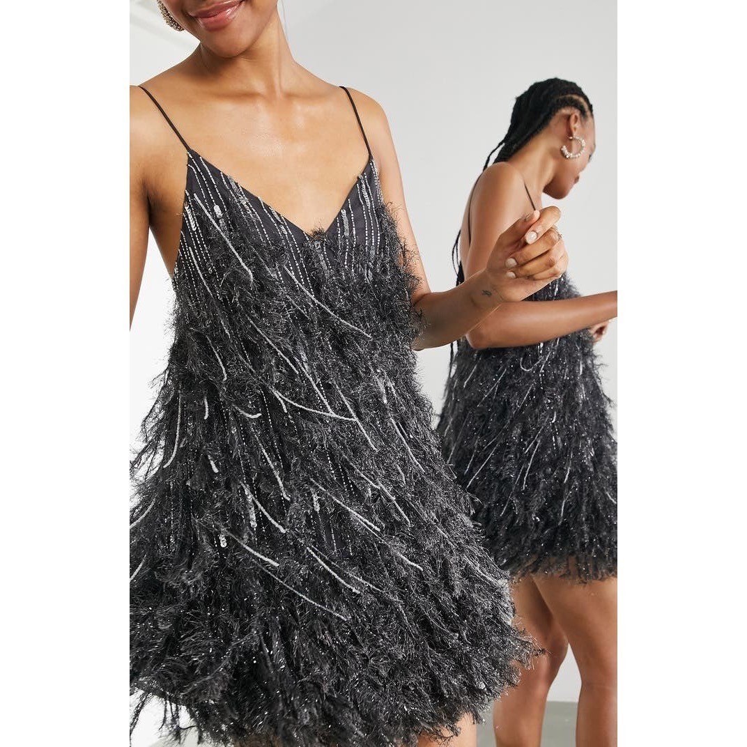 ASOS Edition Sequin and Feather Mini Dress midnight Grey Flapper 1920’s US 6 NEW