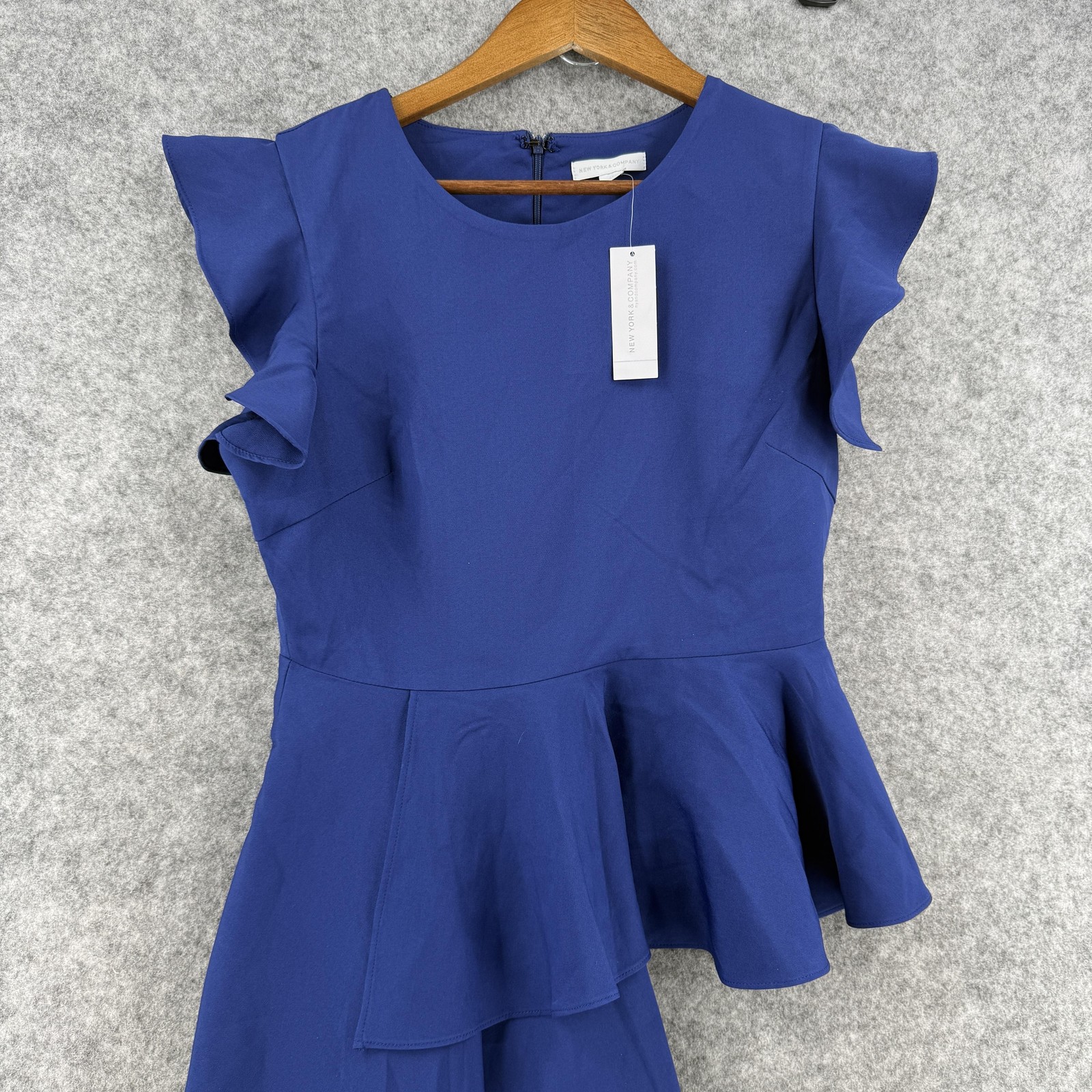 New York & Company Dress Womens XS Blue Asymmetric Ruffle Peplum Party Cocktail