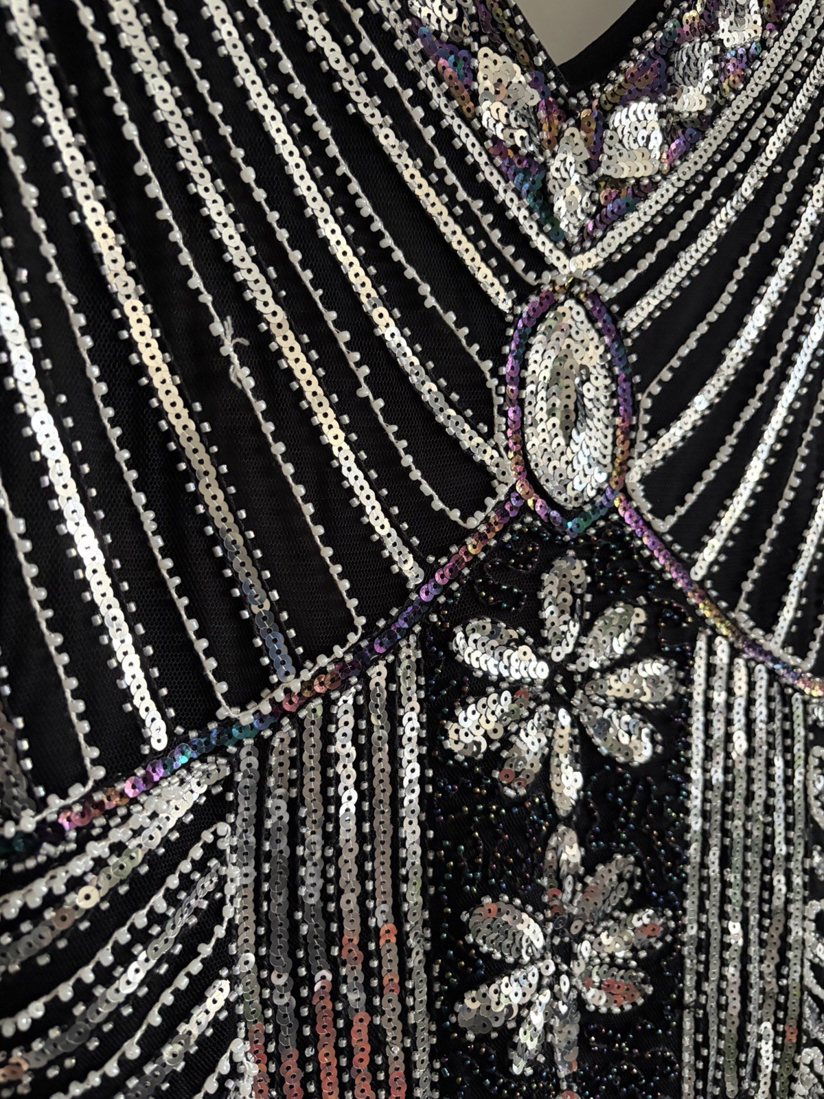 Black Silver Sequin Beaded Fringe V-Neck Sleeveless Sheath Dress M 20s