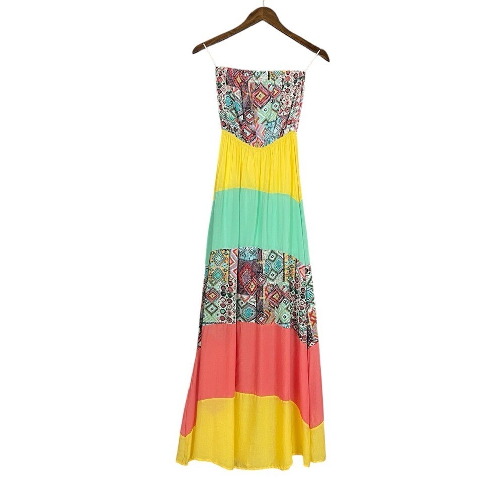 Xtaren | Multicolored Colorful Strapless Maxi Dress Patchwork Stripe Boho Indie