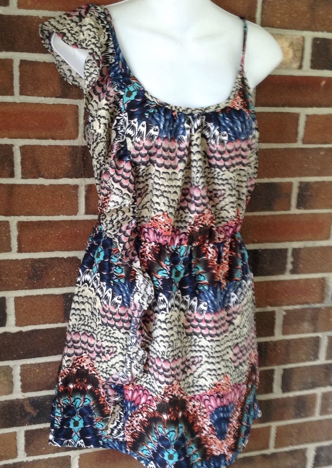 Envy Me One Shoulder Ruffle High Waist Dress Blue Multi Color NWT Junior Medium