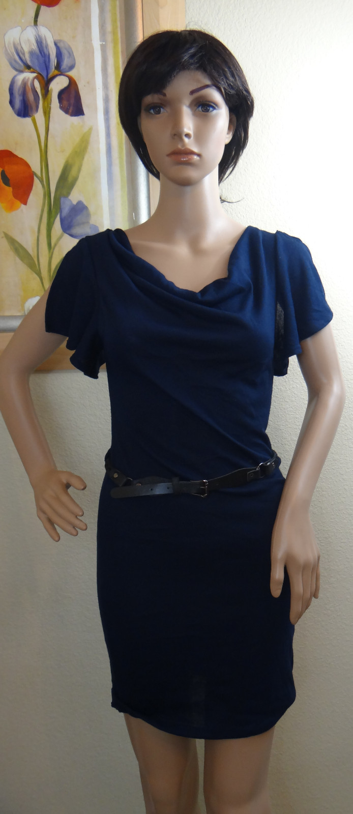 NWOT BELLA D navy blue short sleeve w slit mini knit dress w braid belt,size S