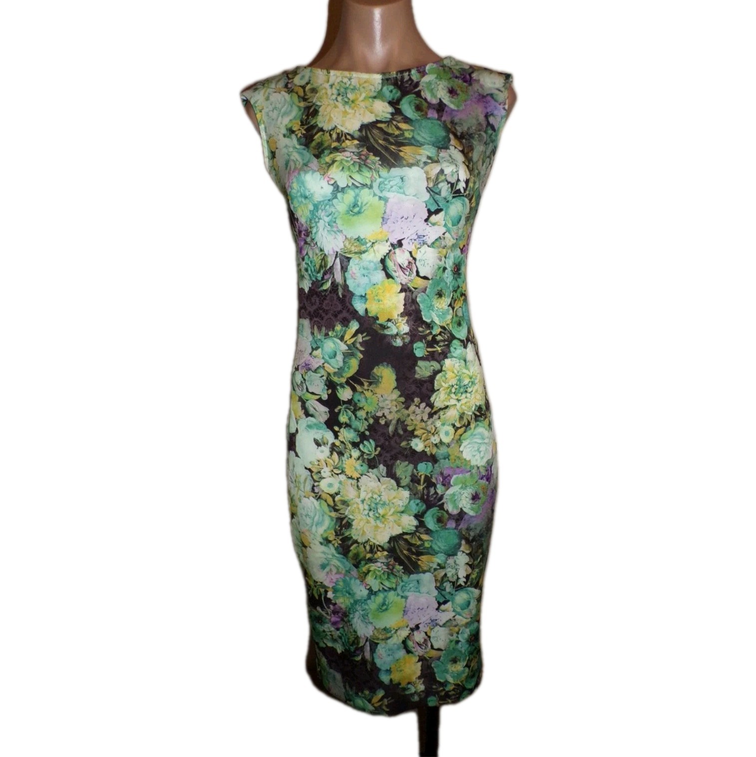 New York & Company Green Purple Yellow Floral Sheath Dress Size Small Sleeveless