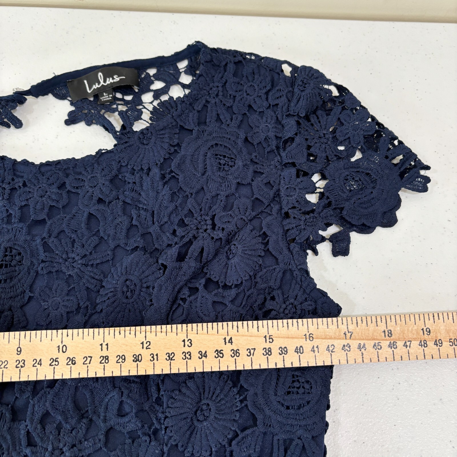 Lulus Crochet Lace Maxi Dress L Open Back Navy Blue Cocktails Bridesmaid Wedding