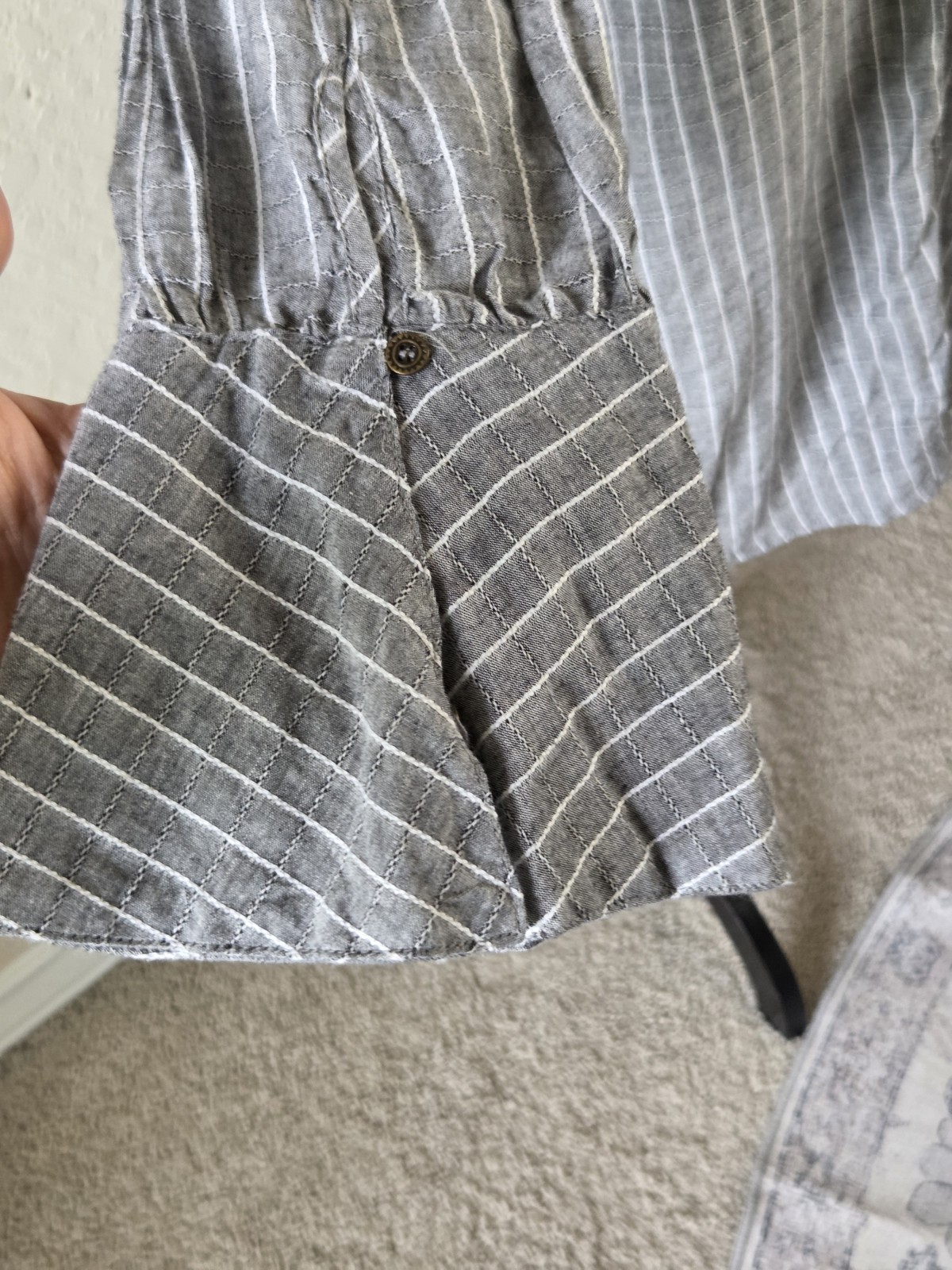 Gray Striped Tunic Top Large Bell Sleeve Button Front Boho Cotton Blend